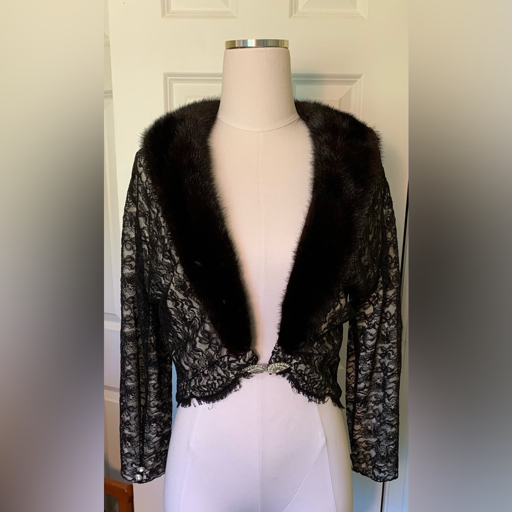 VTG Old Hollywood Black Lace FUR Mink EveningSweater Silk Lined